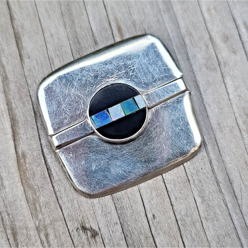 GFMW Great Falls Metal Works Sterling 925 Onyx Opal Inlay Modernist Brooch Pin